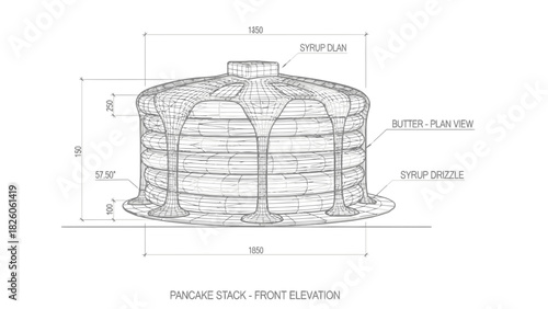 Syrup dispenser and a stack of pancakes with flowing syrup blueprint diagram vector illustration