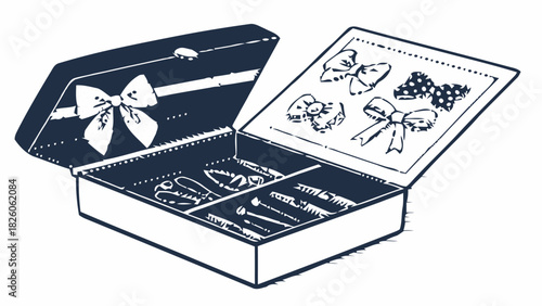 Elegant beauty accessories collection in keepsake box, perfect for gifts, showcasing bows, and nail tools in a delightful, charming, vector style