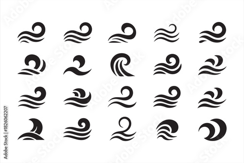 Ocean wave silhouette icons for surf graphics coastal branding and marine themed layouts