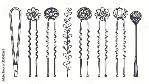 Elegant bobby pins with floral and decorative elements for a stylish, vintage hair accessory design originally created as vector art for scalable projects