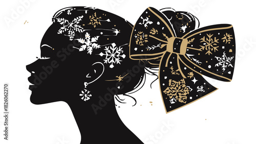 Elegant winter beauty, woman silhouette adorned with snowflakes and a festive bow, perfect for holiday promotions and stylish seasonal designs