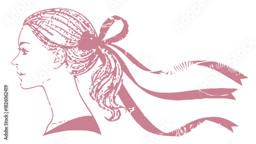 Elegant woman portrait with ribbon, a classic beauty illustration perfect for vintage designs, fashion projects, and romantic themes with a touch of nostalgia