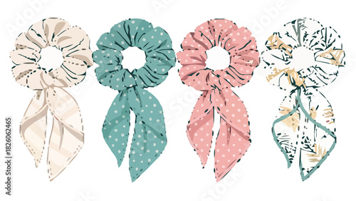 Charming collection of stylish scrunchies with ribbon ties, perfect for adding a touch of flair to any hairstyle, originally a scalable graphic