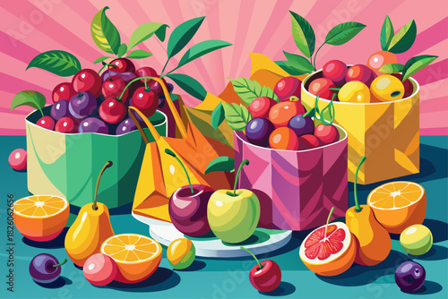 Cherries, freshly picked lemons in vibrant pink and orange paper bags, colorful fruit combinations, bright seasonal produce displays, healthy food concepts, and creative still life arrangements.