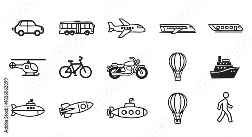 Transportation mode icons collection diverse vehicle outline vector illustration