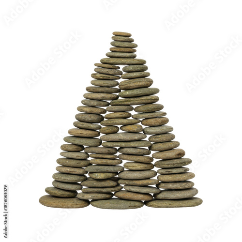 Balanced stack of smooth river stones forming a triangular pyramid on a black background
