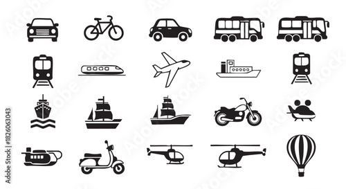Variety of transportation vector icons representing different modes of travel