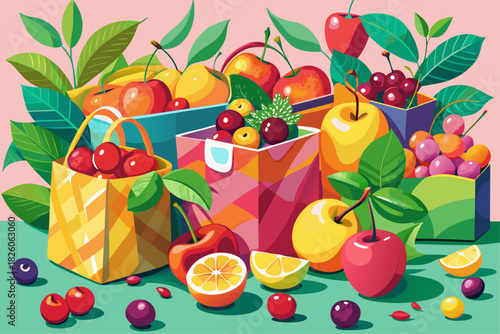 Cherries, freshly picked lemons in vibrant pink and orange paper bags, colorful fruit combinations, bright seasonal produce displays, healthy food concepts, and creative still life arrangements.