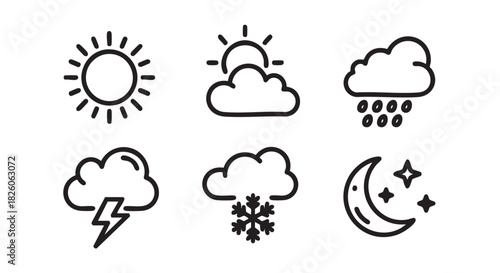 Weather forecast icons showing sun clouds rain and storms illustration