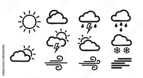 Weather forecast icons showing sunny cloudy windy and stormy conditions