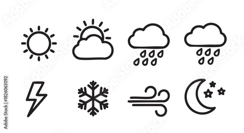 Weather forecast symbols set representing sun cloud lightning and snowflake