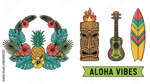 Tropical summer vector elements with monstera wreath, Tiki mask, pineapple, and surfboard for vacation branding