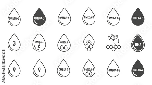 Set of Omega fatty acid drops icons for nutrition and health