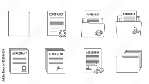 Set of icons representing documents, contracts, agreements, and folders for business purposes