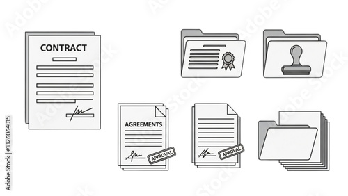 Vector set of legal document icons contracts, agreements, and official paperwork for business management