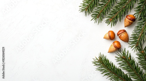 Acorns and Evergreen Branches on White Background for Holiday Season