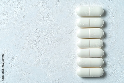 White Pill Capsules in a Row on Textured Light Blue Background
