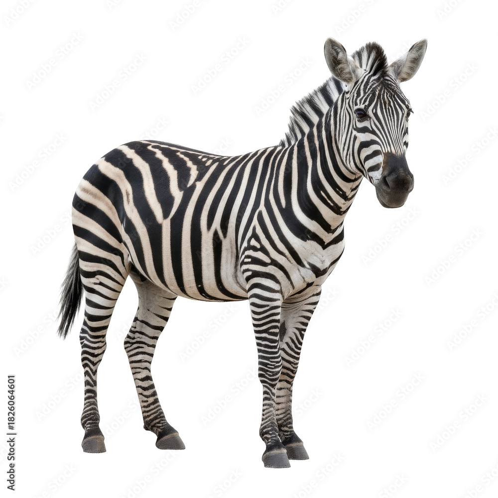 Obraz premium Captivating Zebra Standing Proudly Isolated on a Stark Black Background