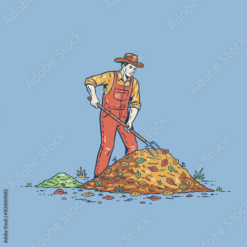 Fall yard work illustration.Gardener with leaf pile.Retro farmer vector art.Vintage man raking leaves.Autumn cleanup drawing
