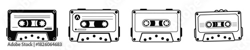 Retro cassette tapes displayed in a simple linear black and white style. Retro audio set with cassette tapes and vintage music elements in hand drawn style, vector illustration.
