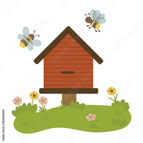 Bees are buzzing around a wooden beehive set on green grass, surrounded by colorful flowers. This charming vector illustration captures a lively and natural garden scene with cheerful bees.