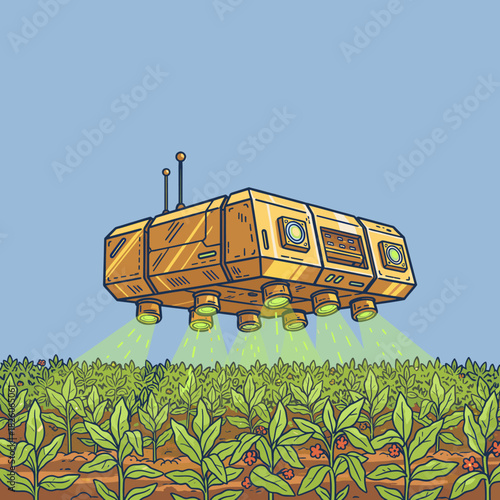 Future Farm Drone Illustration.Smart Agriculture Vector Art.Automated Crop Care Technology.Futuristic Farming Robot.Flying Vehicle Over Field