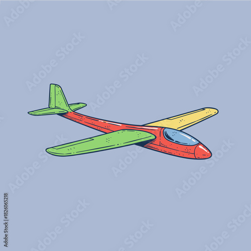 Retro Glider Airplane Vector.Vintage Sailplane Illustration.Engraving Style Toy Plane.Bright Pop Art Aircraft Design.Air Travel Hobby Emblem