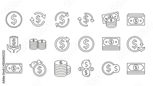 Sleek Line Art Icons Set for Finance and Business, Illustrating Money, Transactions, and Currency Exchange Concepts