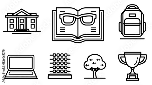 Outlined illustrations of school icons building, book, glasses, bag, laptop, abacus, tree, trophy