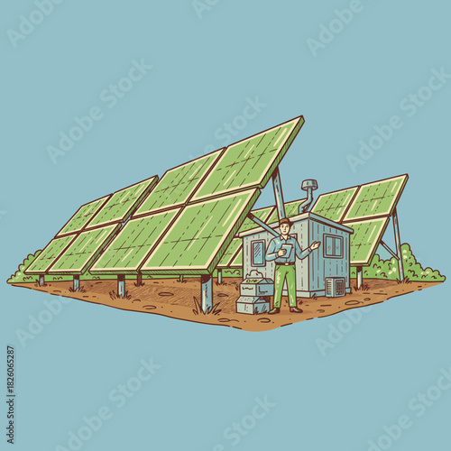 Solar Power Station Illustration.Engineer at Renewable Energy Site.Hand Drawn Solar Farm Concept.Green Technology Vector Sketch.PV Panel Maintenance W
