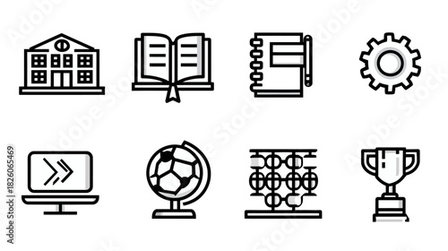 Education themed icons in black outline, featuring school, books, globe, and a trophy