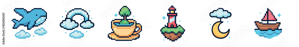 Fototapeta premium Six charming pixel art illustrations depicting whimsical fantasy elements: a jumping whale, a rainbow, a tree in a teacup, a lighthouse, a moon, and a sailboat, all in a delightful retro game style