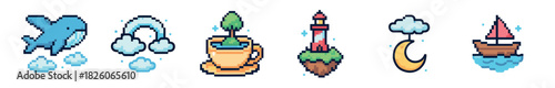 Six charming pixel art illustrations depicting whimsical fantasy elements: a jumping whale, a rainbow, a tree in a teacup, a lighthouse, a moon, and a sailboat, all in a delightful retro game style