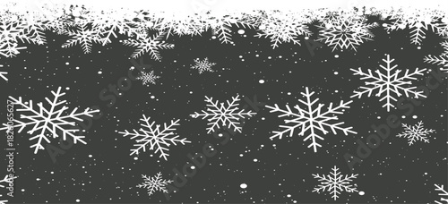 Horizontal banner with pale sky black snow flakes and stars framing a white background. Elegant, simple design ideal for winter holiday headers, footers, and announcements. Black winter background.