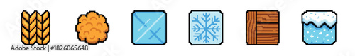 Vibrant collection of six distinct pixel art textures, including golden wheat, orange organic matter, cracked ice, a blue snowflake, rustic wood grain