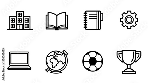 Eight simple outline icons depicting school, learning, technology, sports, and achievements