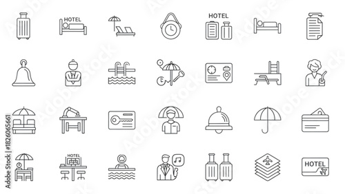 Collection of Line Icons for Travel, Tourism, and Hotel Services