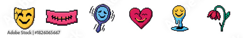 A vibrant collection of pixel art illustrations featuring a yellow mask, a pink cat face, a blue mirror reflecting a smile, a red heart, a melting figure, and a wilting flower