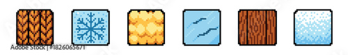 A vibrant collection of six distinct pixel art textures arranged horizontally, showcasing abstract patterns resembling fire, ice, gold, water, wood, and snow in a retro digital style
