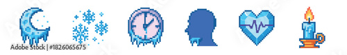 A collection of pixel art elements featuring a frozen crescent moon, melting clock, icy head silhouette, heart with heartbeat, and a lit candle, all rendered in a retro video game style