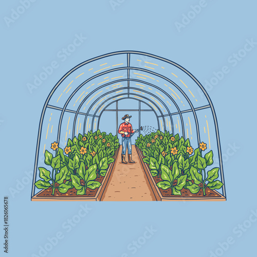 Farmer working in greenhouse.Watering plants illustration.Hand drawn horticulture scene.Organic farming vector art.Gardener and flowers inside tunnel