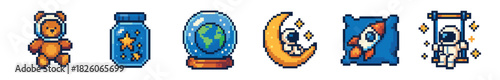 Set of pixel art icons showcasing space exploration themes, including a bear astronaut, a bottle of stars, planet Earth in a protective dome, a crescent moon, a rocket, and an astronaut on a ladder