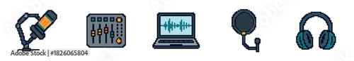 A collection of pixel art icons depicting essential audio recording and production equipment, including a microphone, sound mixer, laptop with waveform, pop filter, and headphones