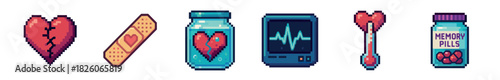 A vibrant collection of pixel art icons depicting a mended broken heart, a heart-band aid, a heart in a jar, an ECG monitor, a heart thermometer, and memory pills
