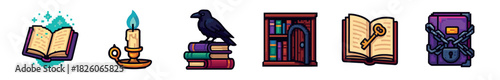 A set of pixel art icons illustrating fantasy and magical elements, featuring an enchanted book, a glowing candle, a raven on books, a bookshelf, a book with a key, and a chained grimoire