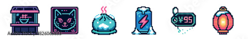 A vibrant collection of pixel art icons featuring a vending machine, a neon cat face, a steaming dumpling, a lightning bolt rocket, a digital price tag, and a glowing lantern