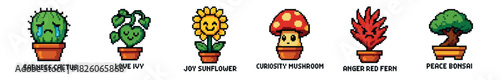 Six charming pixel art potted plants and fungi, each characterfully depicting a distinct emotion including sadness, love, joy, curiosity, anger, and peace, rendered in a vibrant retro video game style