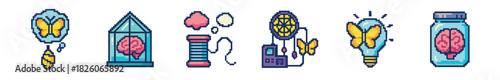 A vibrant pixel art collection of conceptual icons, featuring brains and butterflies in various scenarios, symbolizing themes of thought, creativity, and control