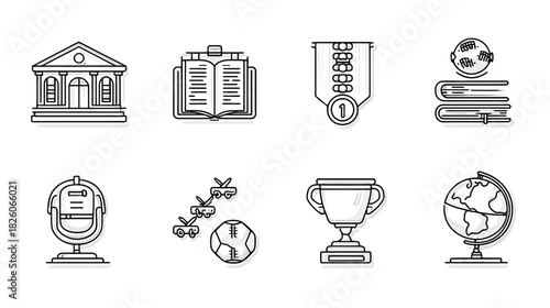 Collection of eight black and white outlined illustrations featuring educational and achievement icons