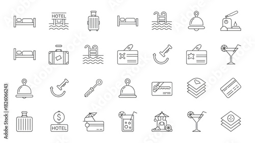 Sleek Vector Outline Icons for Hotel Amenities, Travel Services, and Hospitality Industry Accommodations Collection